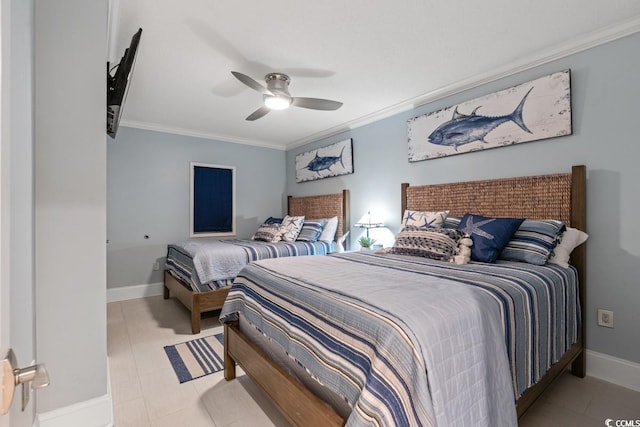 bedroom featuring crown molding, ceiling fan, and light tile patterned floors