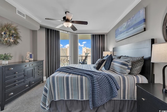 carpeted bedroom with access to outside, a wall of windows, ceiling fan, and ornamental molding