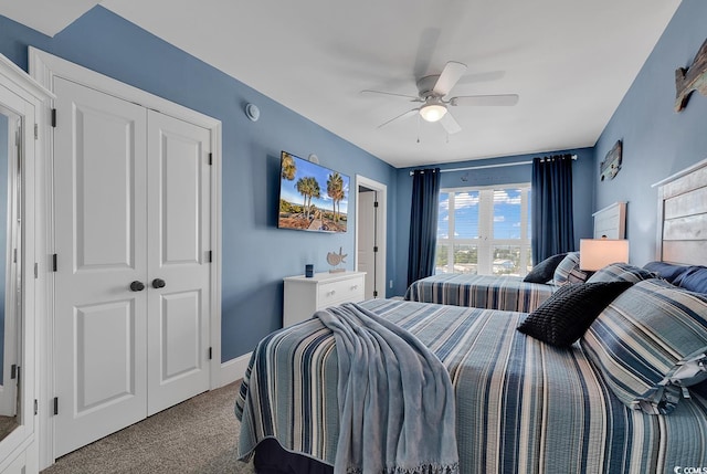 bedroom with light carpet, a closet, and ceiling fan