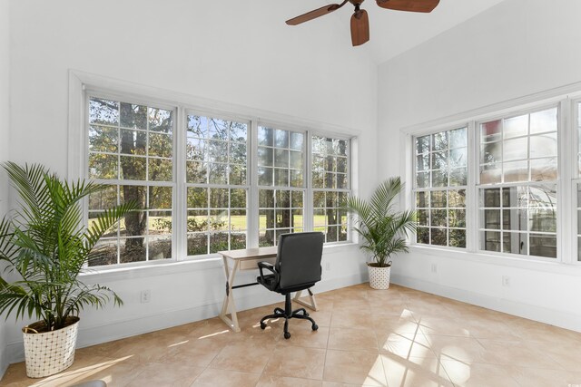 office featuring ceiling fan and light tile patterned flooring