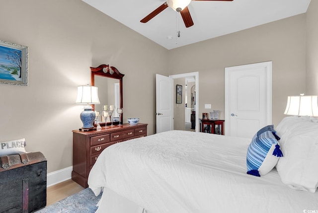 bedroom featuring ceiling fan and light wood-type flooring