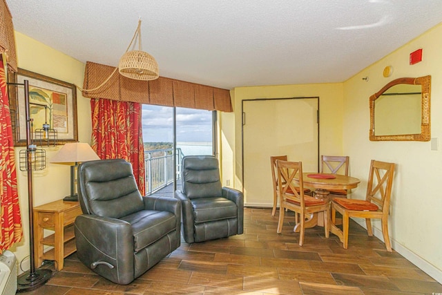 living area with a textured ceiling