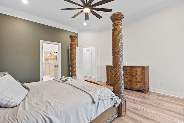 bedroom with ensuite bathroom, crown molding, ceiling fan, and light hardwood / wood-style flooring