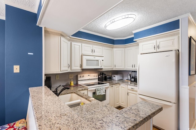 kitchen featuring ornamental molding, a sink, a textured ceiling, light stone countertops, and white appliances