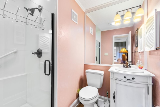 full bathroom with crown molding, visible vents, toilet, a stall shower, and vanity