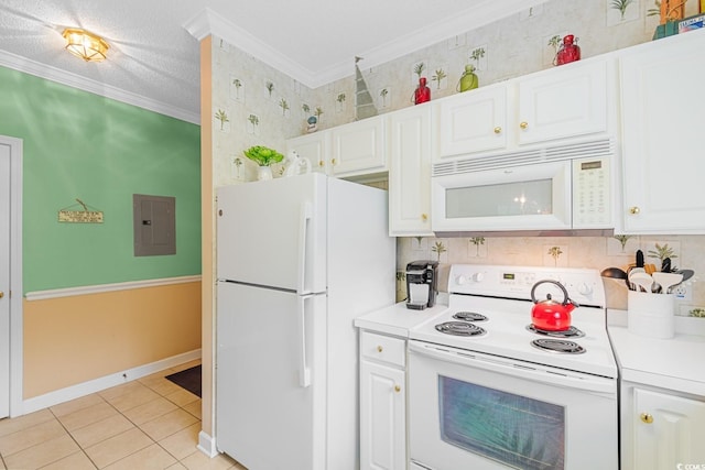 kitchen featuring white appliances, backsplash, electric panel, ornamental molding, and white cabinets