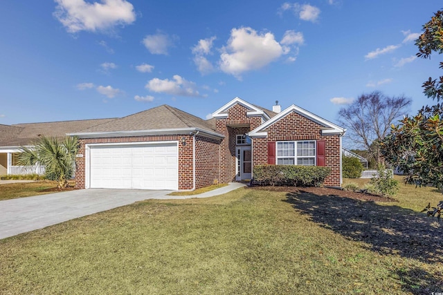 view of front of property featuring a front lawn and a garage