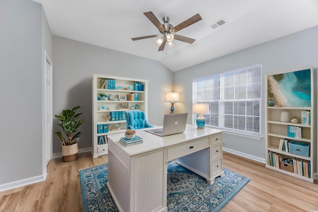 office with ceiling fan, light hardwood / wood-style floors, and lofted ceiling