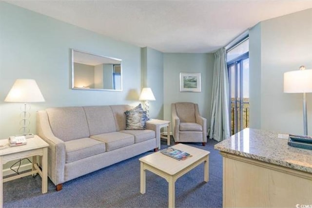 living room with dark colored carpet