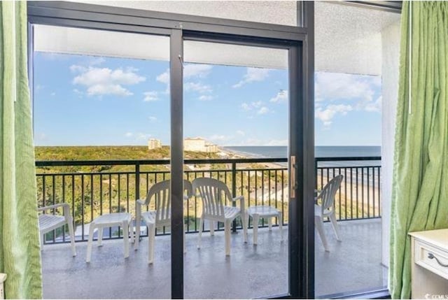 doorway to outside featuring a healthy amount of sunlight and a water view