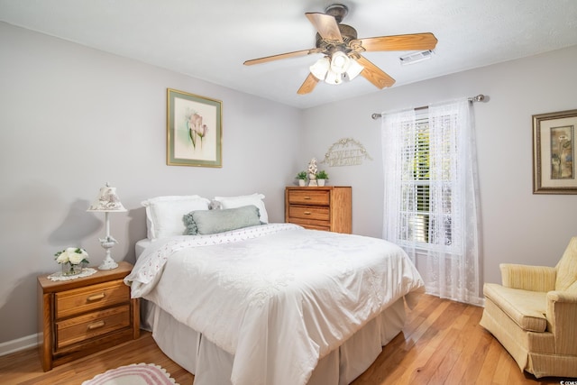 bedroom featuring ceiling fan and light hardwood / wood-style floors