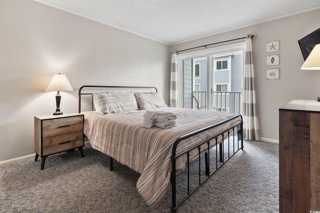 bedroom with ornamental molding, a textured ceiling, and dark colored carpet