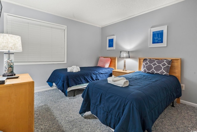 carpeted bedroom featuring a textured ceiling and crown molding