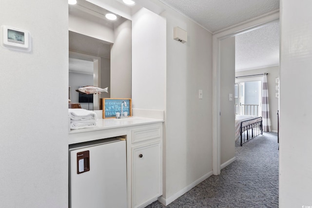 hallway with carpet, sink, and a textured ceiling