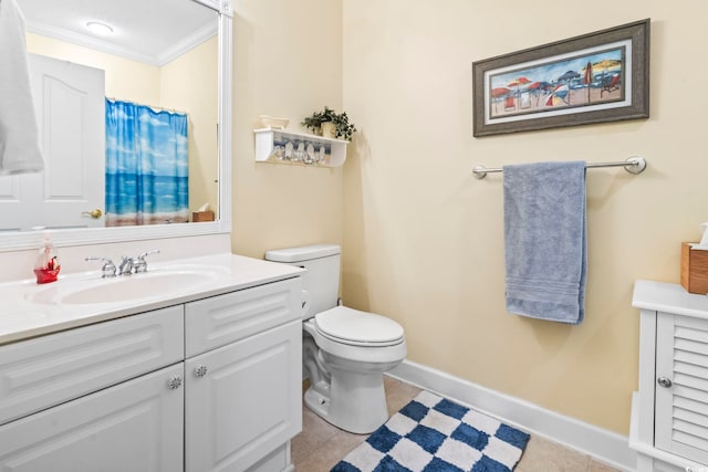 bathroom with curtained shower, tile patterned flooring, toilet, vanity, and ornamental molding