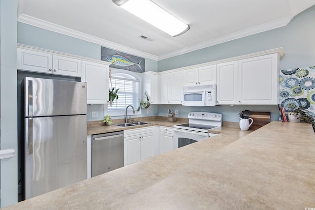 kitchen with white cabinetry, sink, appliances with stainless steel finishes, and ornamental molding