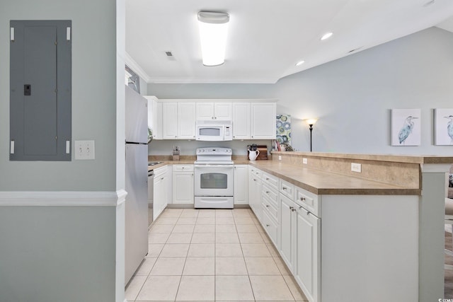 kitchen with stainless steel appliances, white cabinets, electric panel, kitchen peninsula, and light tile patterned flooring