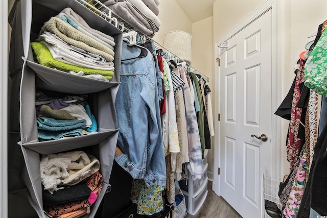 walk in closet with hardwood / wood-style flooring