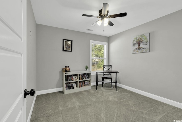 office area featuring carpet flooring and ceiling fan