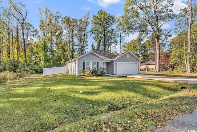 ranch-style home featuring a garage and a front lawn