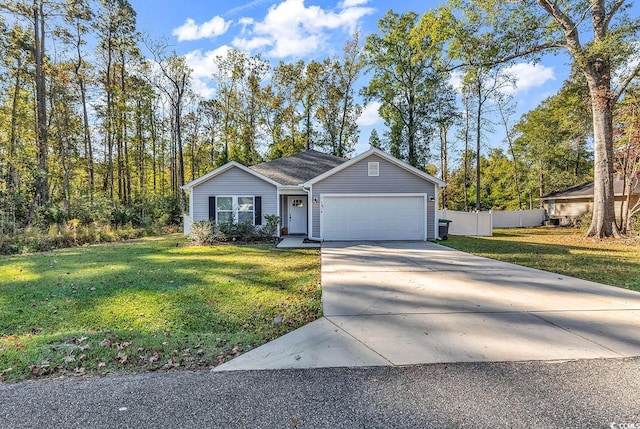 single story home featuring a garage and a front lawn