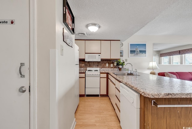 kitchen with kitchen peninsula, decorative backsplash, white appliances, and sink