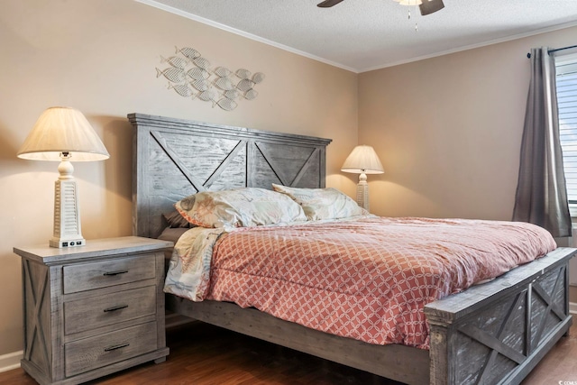 bedroom with a textured ceiling, ceiling fan, dark hardwood / wood-style floors, and crown molding