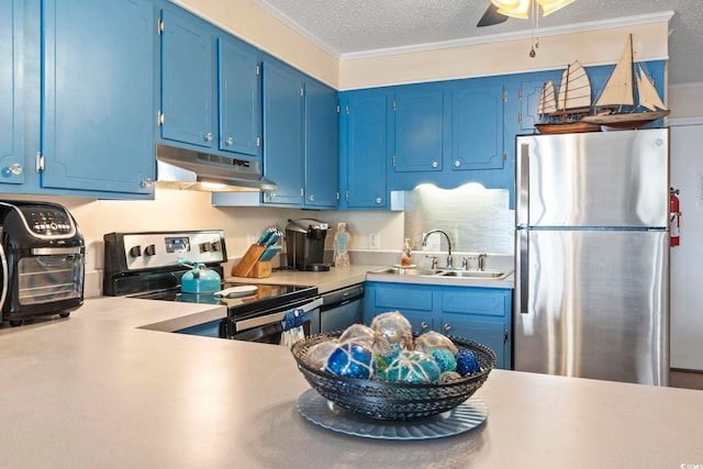 kitchen featuring blue cabinetry, sink, stainless steel appliances, and ornamental molding