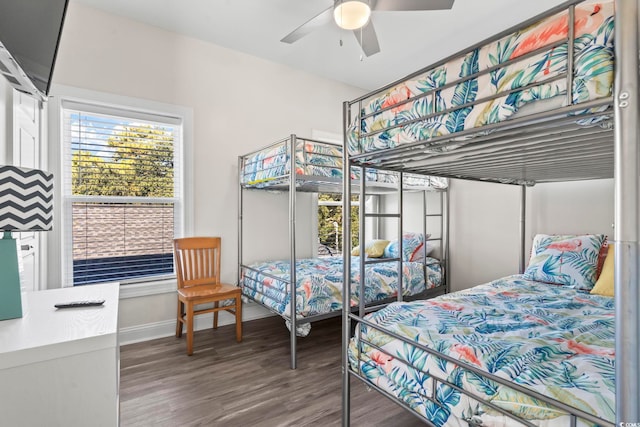 bedroom with hardwood / wood-style flooring and ceiling fan