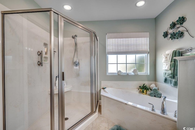 bathroom with plus walk in shower and tile patterned floors