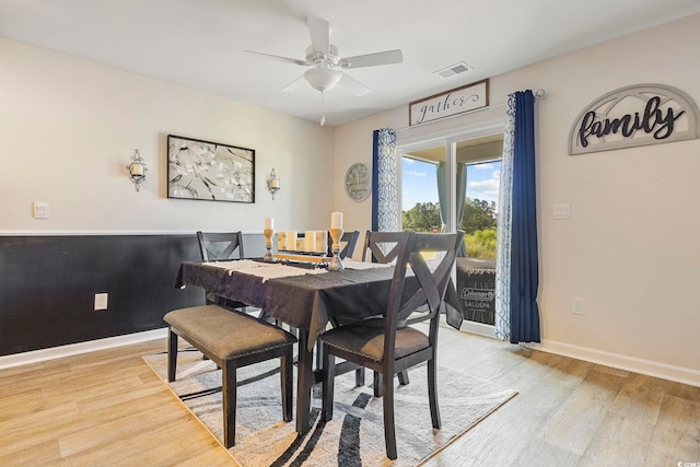 dining room with ceiling fan and light hardwood / wood-style flooring