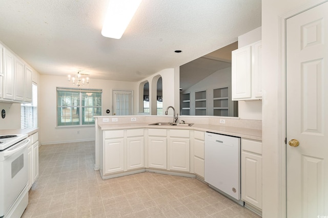 kitchen featuring kitchen peninsula, sink, white cabinets, and white appliances