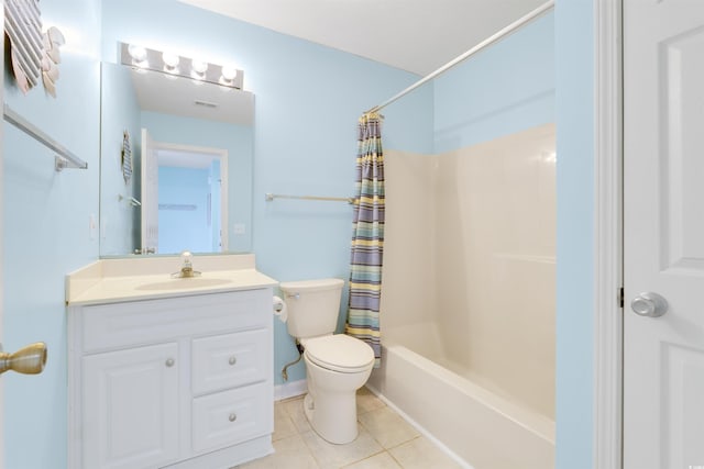 full bathroom with tile patterned floors, vanity, toilet, and shower / tub combo with curtain