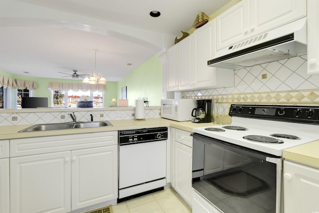 kitchen with ceiling fan, white cabinetry, white appliances, and sink