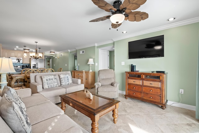 living room featuring crown molding and a chandelier