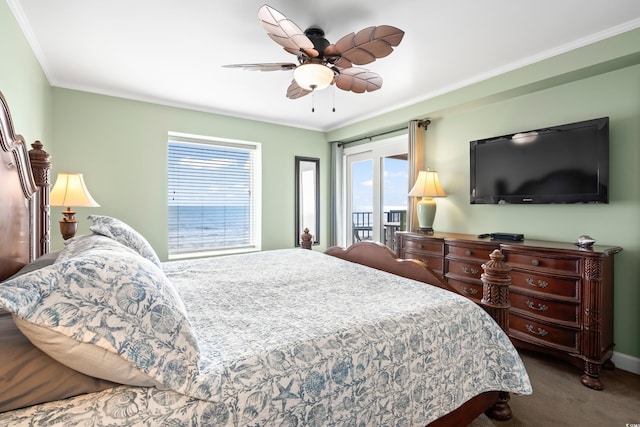 bedroom featuring carpet, ceiling fan, ornamental molding, and access to outside