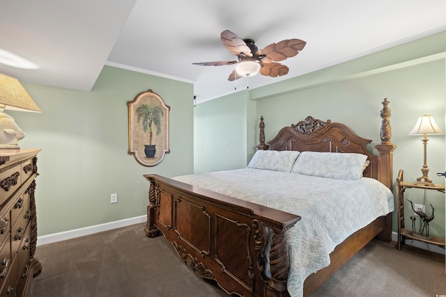 carpeted bedroom featuring crown molding and ceiling fan