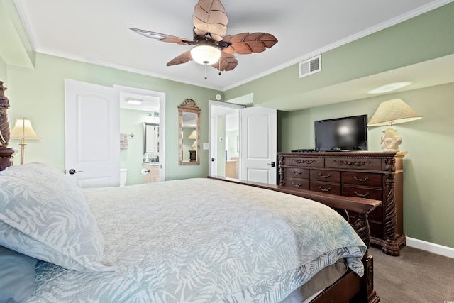 bedroom featuring carpet flooring, ensuite bath, ceiling fan, and ornamental molding