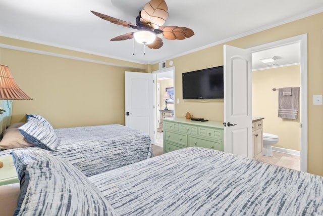 bedroom featuring ensuite bath, ceiling fan, and ornamental molding