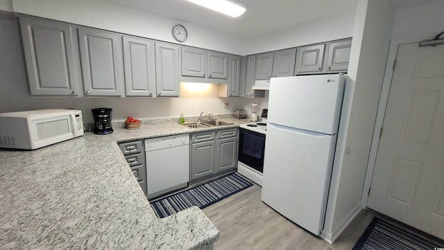 4719 S Ocean Blvd Unit 609, North Myrtle Beach, SC 29582 - kitchen featuring white appliances, gray cabinetry, a sink, under cabinet range hood, and light countertops