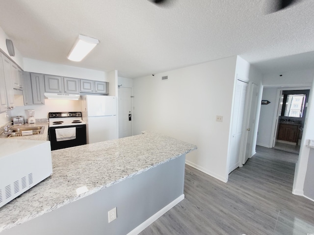 4719 S Ocean Blvd Unit 609, North Myrtle Beach, SC 29582 - kitchen featuring electric range, under cabinet range hood, freestanding refrigerator, a sink, and a peninsula