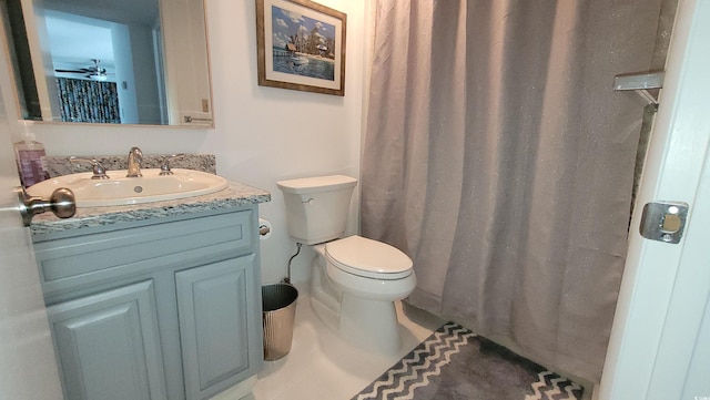 bathroom featuring ceiling fan, toilet, and vanity