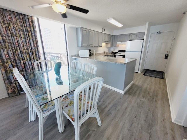 dining area with ceiling fan, sink, wood-type flooring, and a textured ceiling