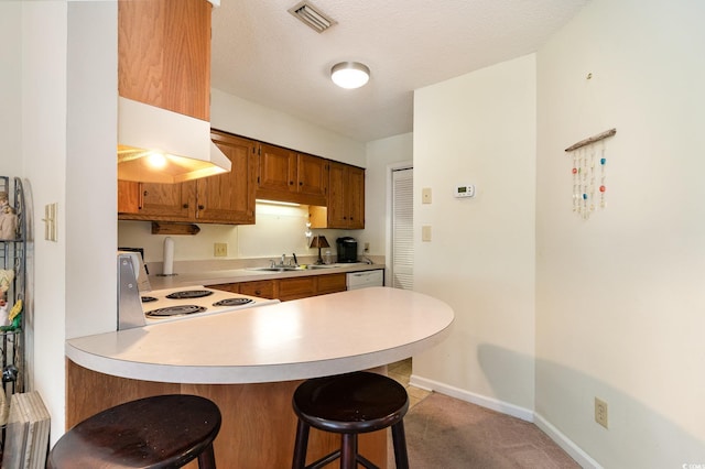 kitchen with sink, a kitchen breakfast bar, kitchen peninsula, a textured ceiling, and range