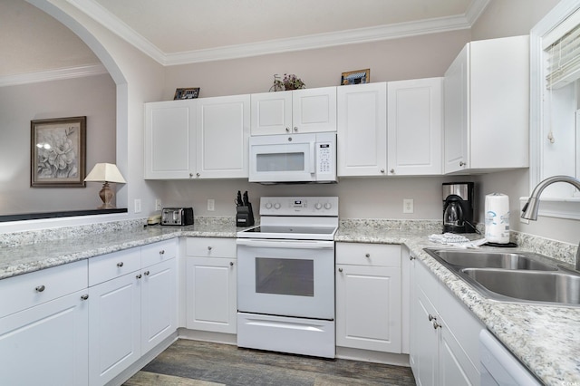 kitchen with white cabinetry, white appliances, sink, and dark wood-type flooring