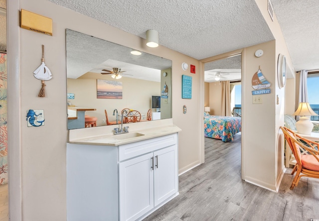 bathroom with wood-type flooring, vanity, and a textured ceiling