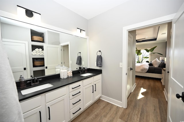 bathroom with hardwood / wood-style floors, vanity, and a raised ceiling