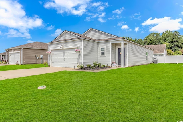 ranch-style home featuring a front yard, a garage, and central AC unit