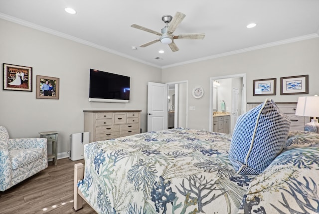 6550 Anterselva Dr, Myrtle Beach, SC 29572 - bedroom featuring wood finished floors, ornamental molding, recessed lighting, a ceiling fan, and baseboards
