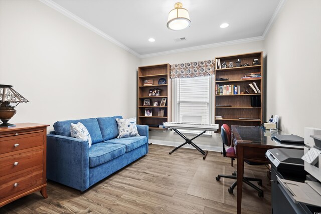 6550 Anterselva Dr, Myrtle Beach, SC 29572 - home office featuring crown molding, wood finished floors, and recessed lighting